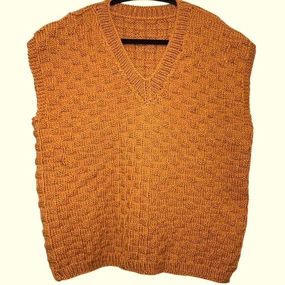 Handknit Knit Sweater Vest One Size M/L Burnt Orange Brown V Neck Boho Academia